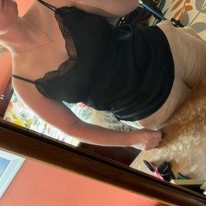 Black silk lace trim top